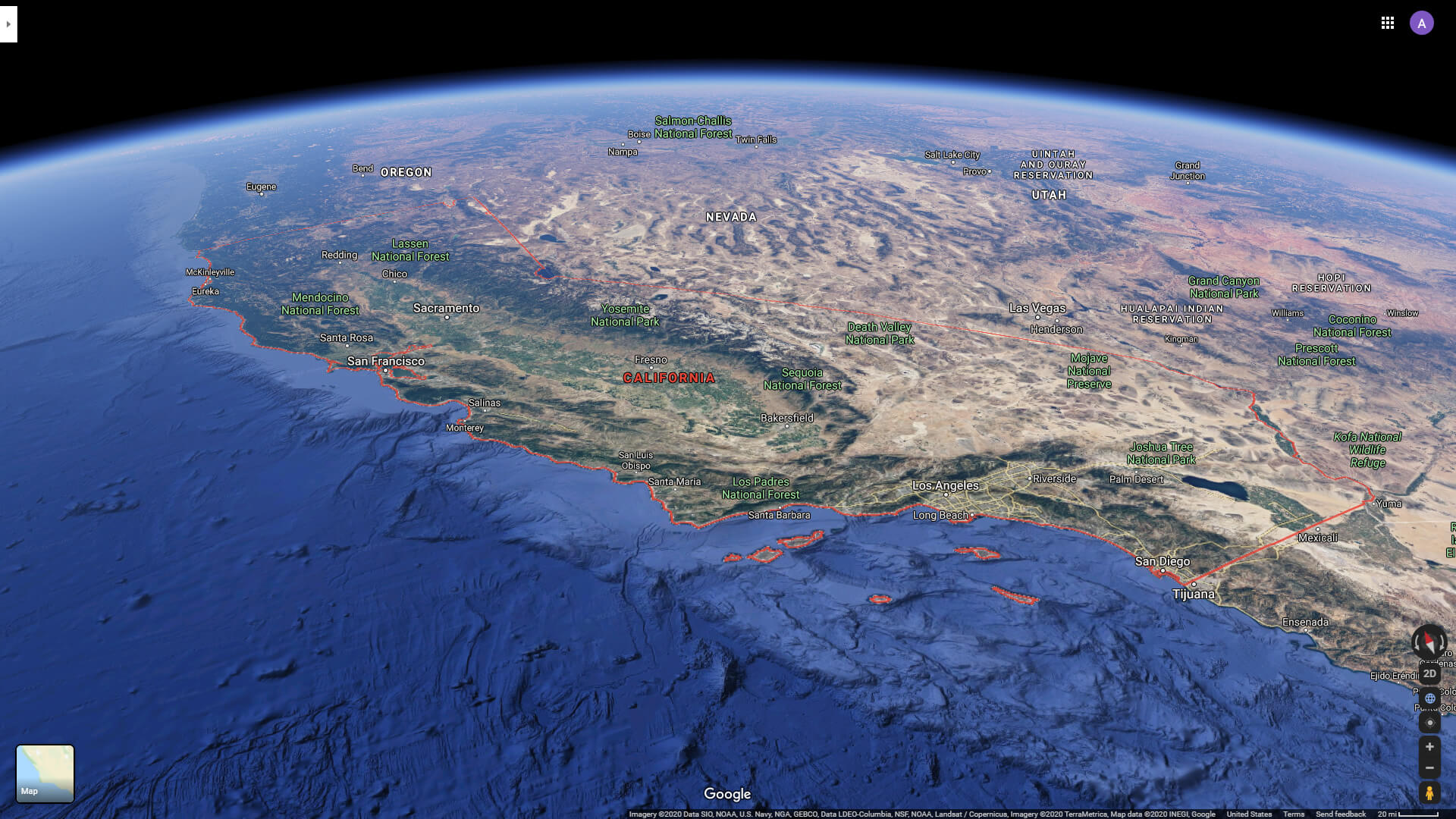 California Satellite View from Pacific Ocean